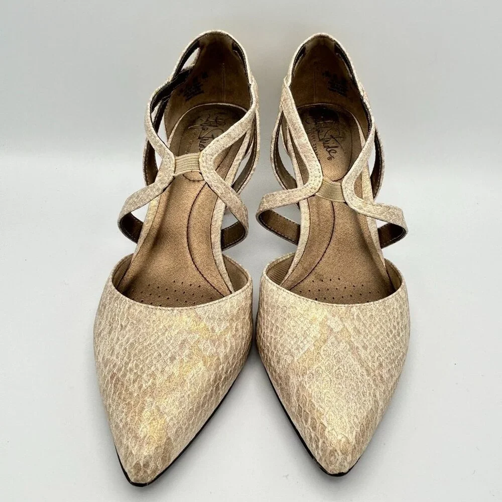 LifeStride Flex Seamless Beige Faux Snakeskin Heels Crisscross Strap 8.5 Pointed - Picture 3 of 9